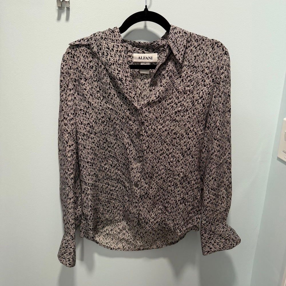 Alfani Silk‎ Button Down Blouse Black Gray Size 4 Professional Office Work Wear